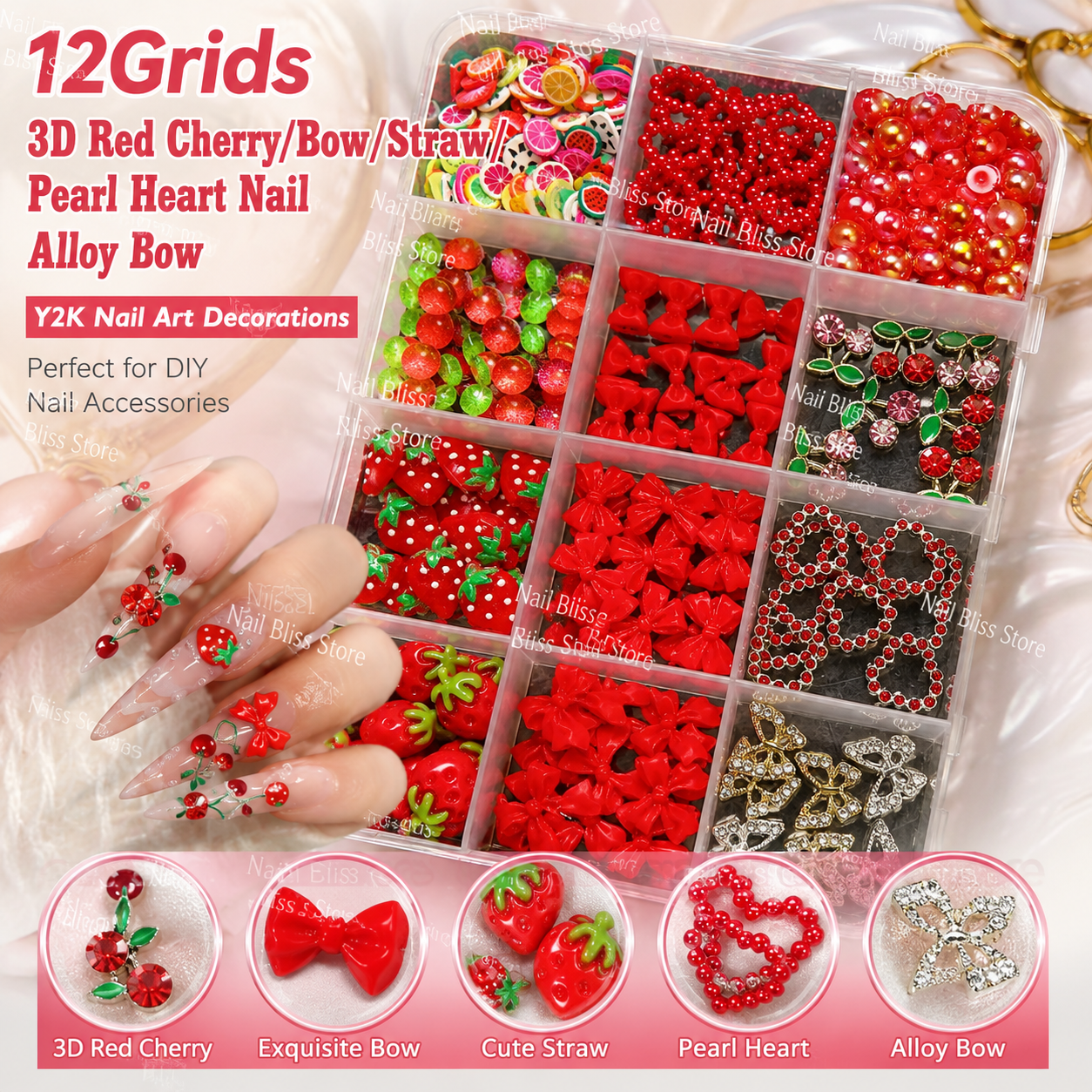 12Grids 3D Red Cherry/Bow/Stra - огляд і ціна Y2K Tech Accessories